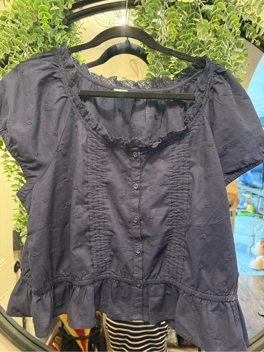 GAP Navy Button-Front Peasant Blouse with Ruffle Hem